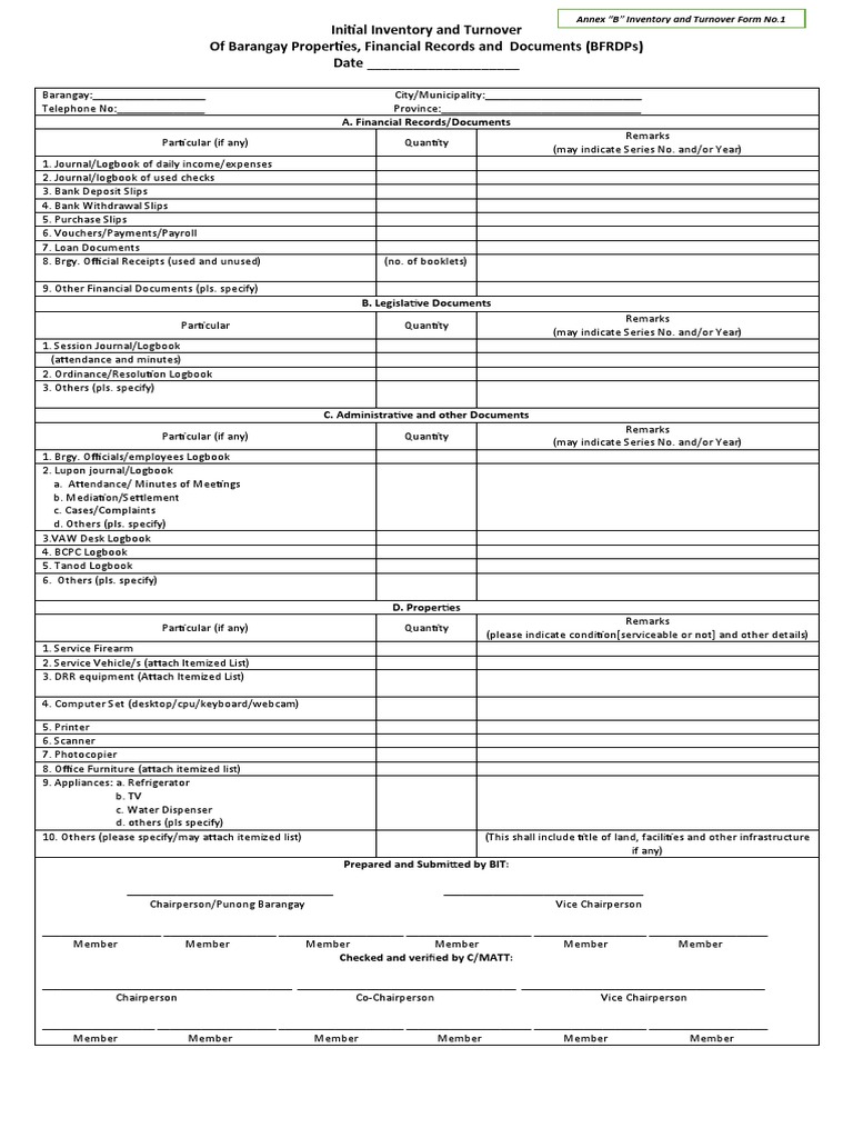 A Comprehensive Inventory and Turnover Form Documenting the Transfer of ...