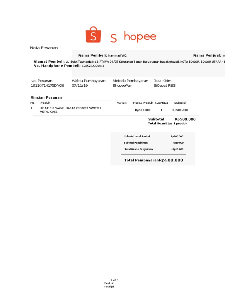 Nota Pesanan Shopee Hammadfa02 | PDF
