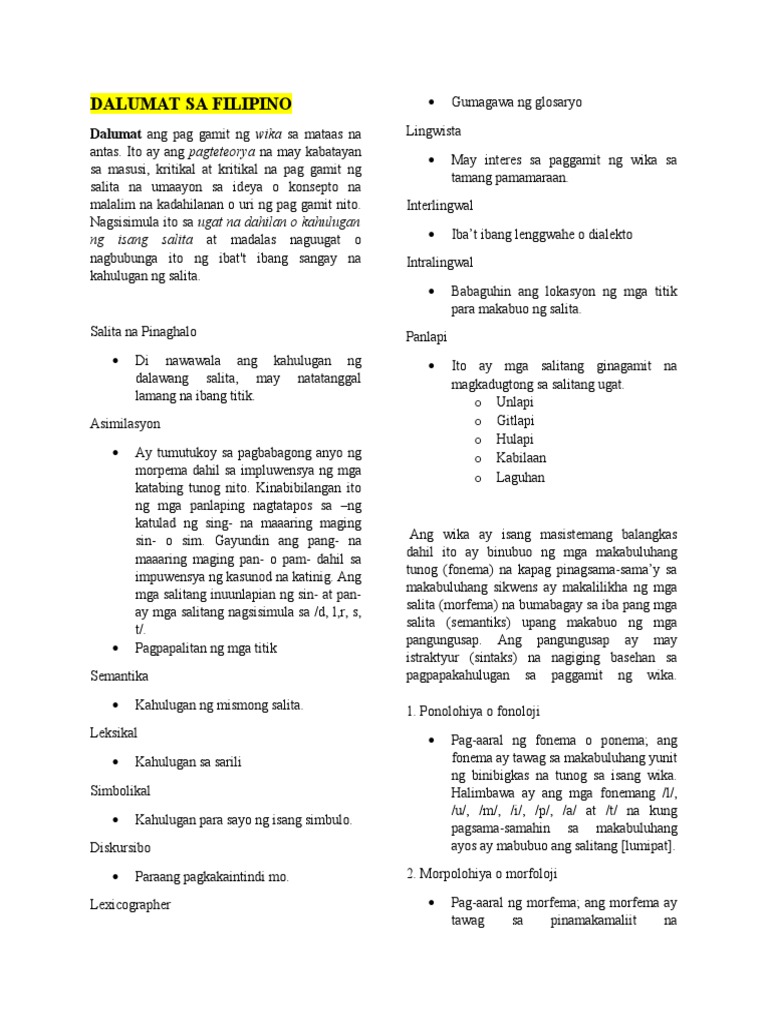 Dalumat Sa Filipino Reviewer | PDF