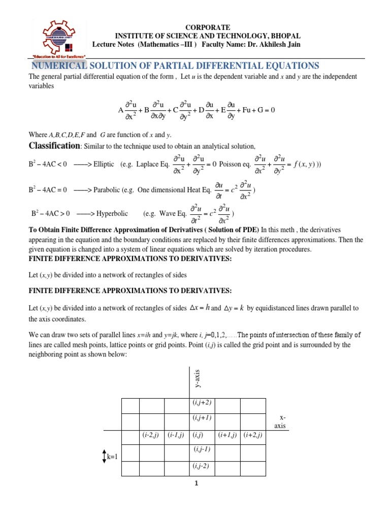 Lecture Notes - NUMERICAL SOLUTION OF PARTIAL DIFFERENTIAL EQUATIONS by ...