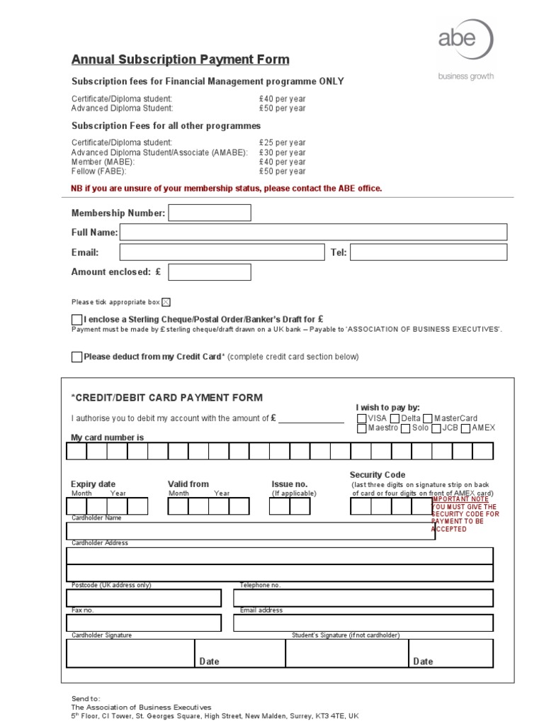 Annual Subscription Payment Form | PDF | Credit Card | Debit Card
