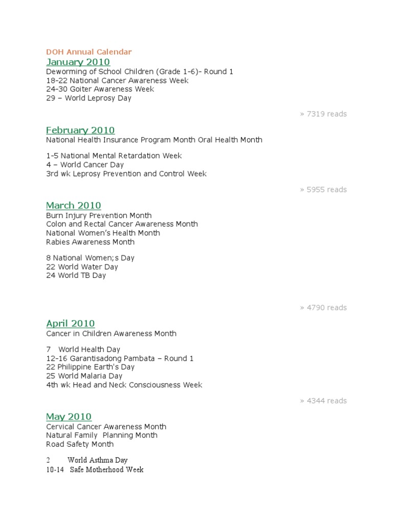 DOH Annual Calendar Download Free PDF Cancer Preventive Healthcare