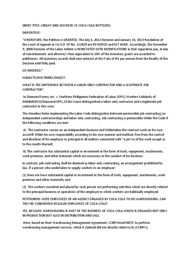 Labor Case: Lingat & Oliveros vs Coca-Cola | PDF | Employment ...