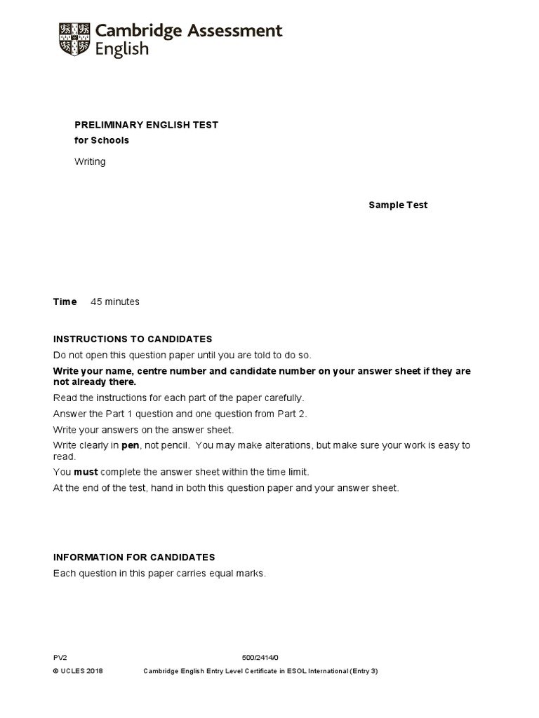 b1 Preliminary Schools 2020 Sample Tests Writing - QP | PDF
