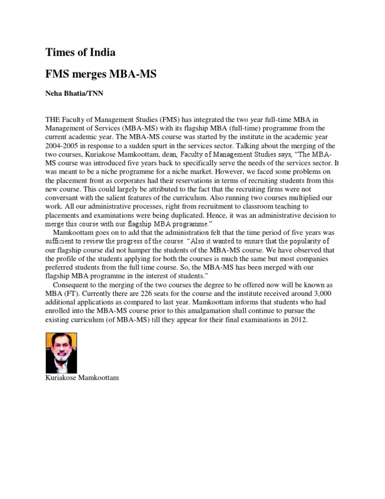 FMS Merges MBA-MS with MBA Program | PDF