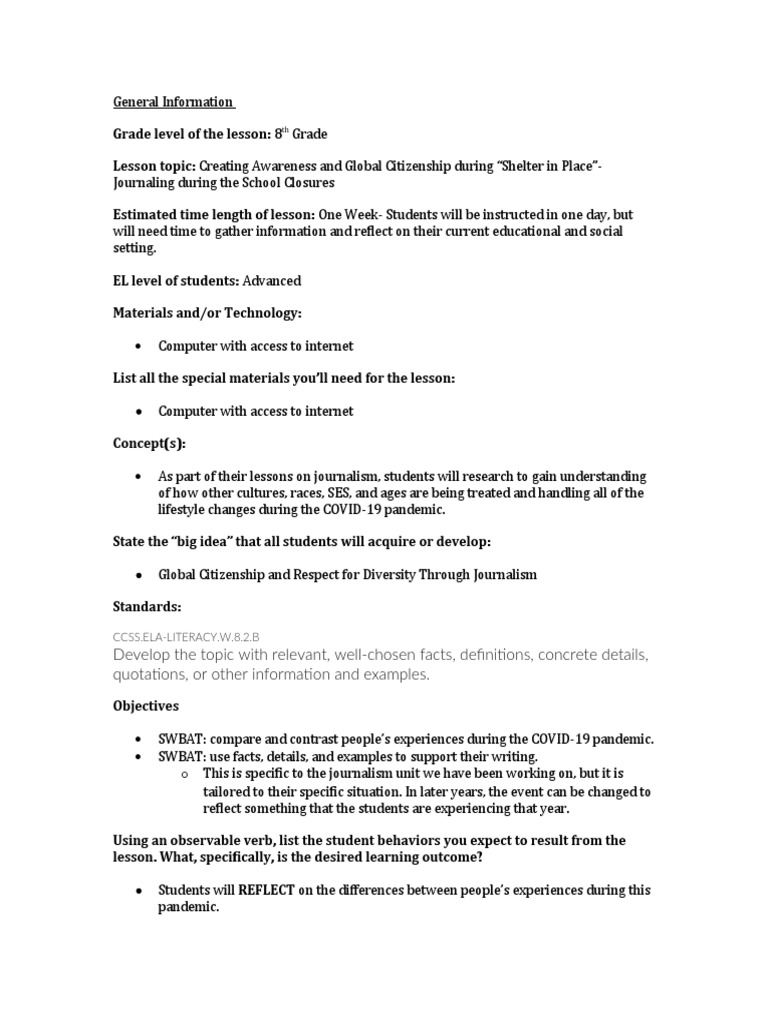 Lesson Plan Global Citizenship PDF Distance Education