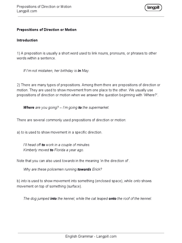 Prepositions of Direction Explained | PDF | Preposition And ...