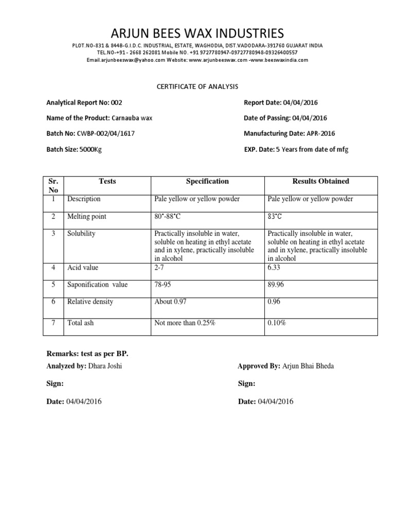 Carnauba Wax Analysis Report | PDF