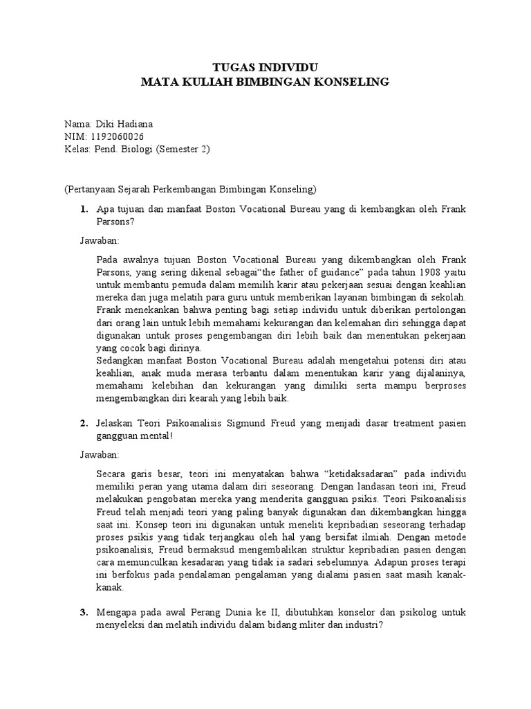 Pertanyaan Sejarah Perkembangan Bimbingan Konseling