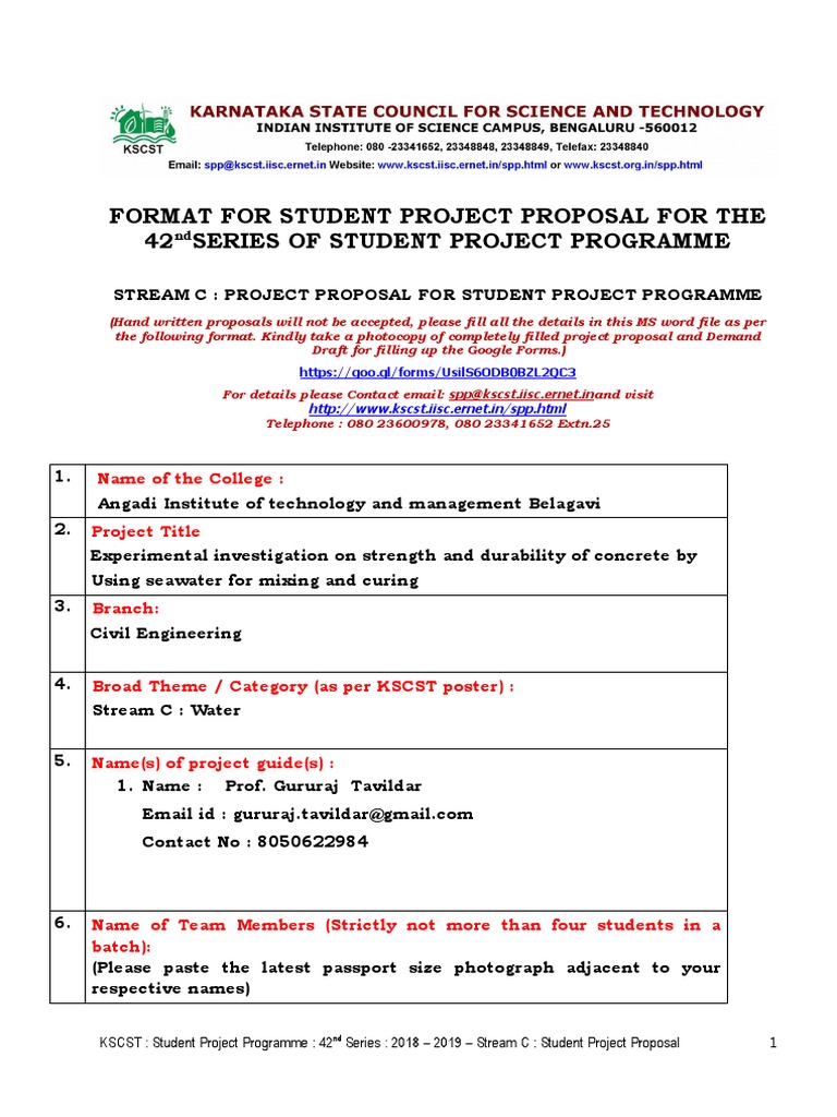 KSCST Student Project Proposal Format | PDF | Concrete | Water