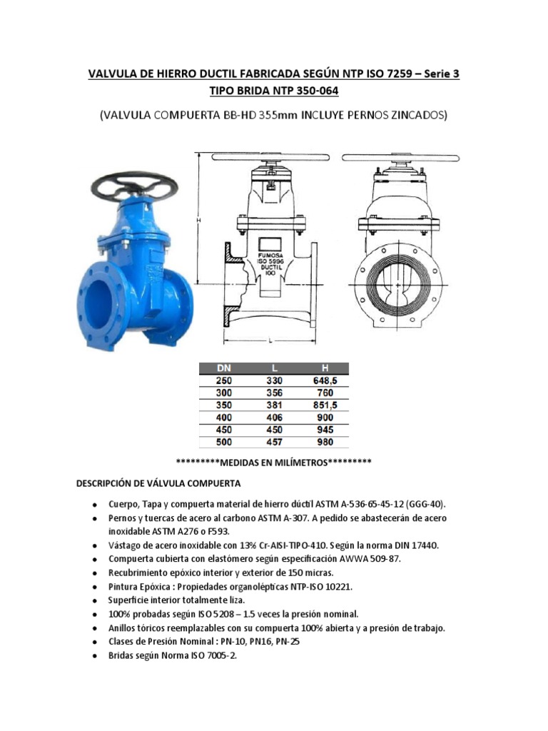 Valvula de Hierro Ductil Fabricada Según NTP Iso 7259 | PDF | Acero ...
