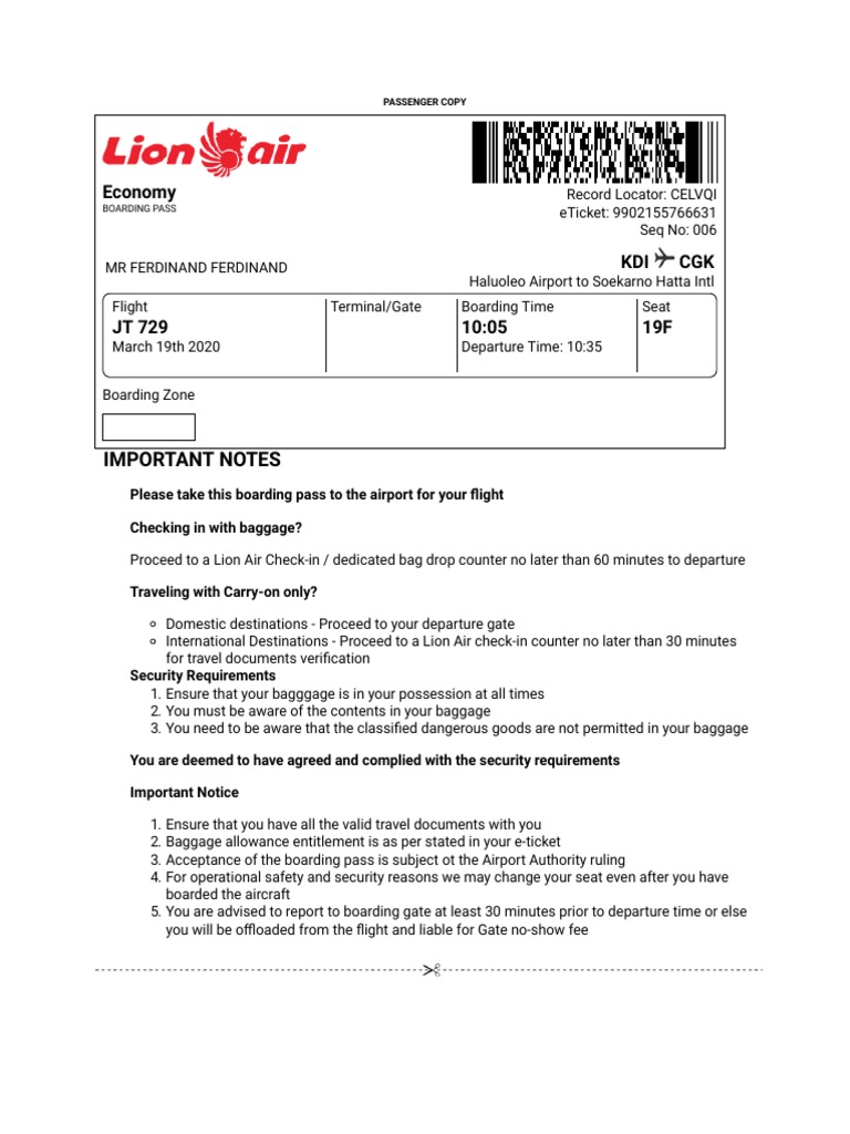 Lion Air Boarding Pass for Domestic Flight from Haluoleo Airport to