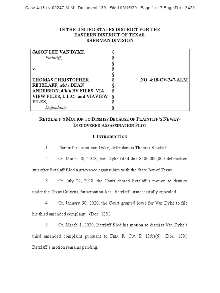 ECF 139 Retzlaff's MTN To Dismiss PDF United States District Court For The Eastern