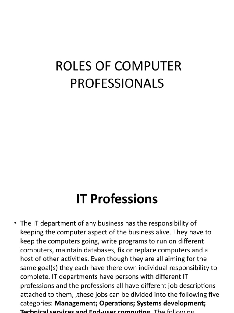 Roles of Computer Professionals PDF Databases Computer Network
