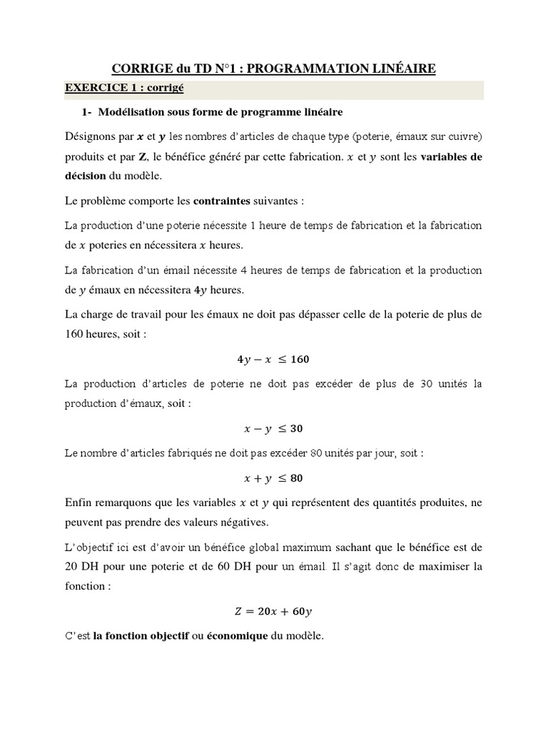 Corrigé TD1 : Programmation Linéaire | PDF | Optimisation linéaire ...