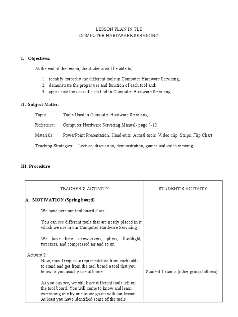 Computer Hardware Tools Lesson Plan | PDF | Soldering | Equipment