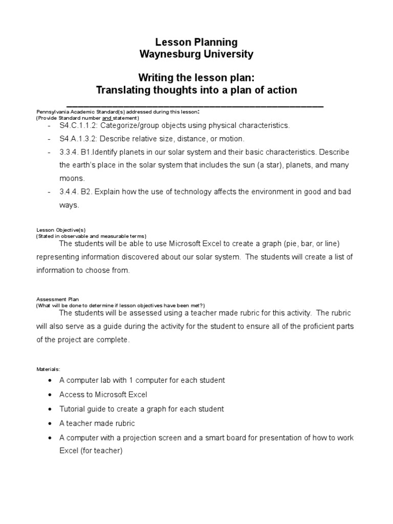 Excel Lesson Plan Microsoft Excel Rubric (Academic)