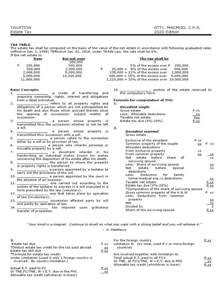 Estate Tax Computation Under TRAIN Law | PDF | Estate Tax In The United ...