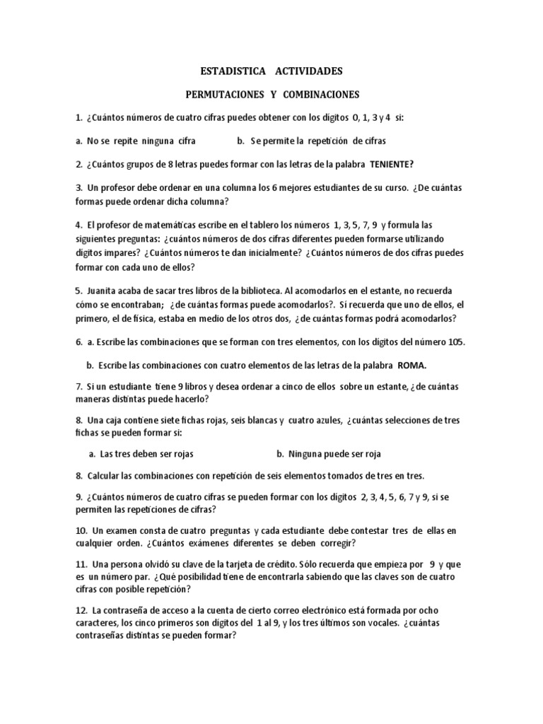 Actividades Permutaciones y Combinaciones | PDF | Artes del Lenguaje y ...