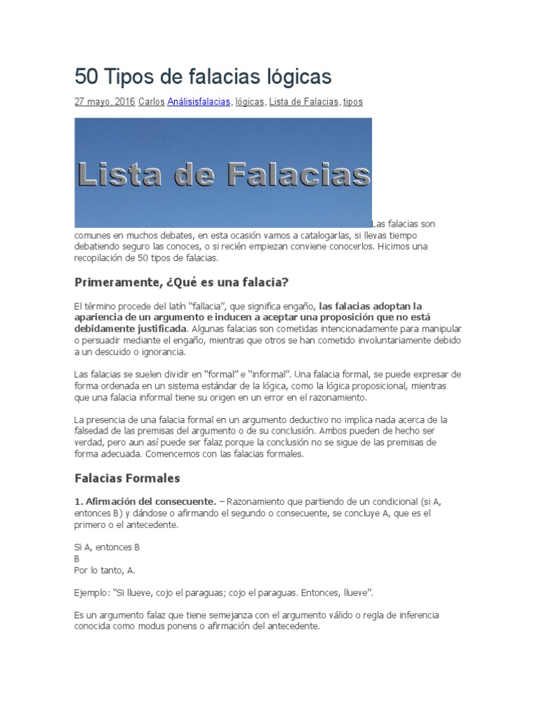 50 Tipos De Falacias Lógicas Pdf Falacia Argumento