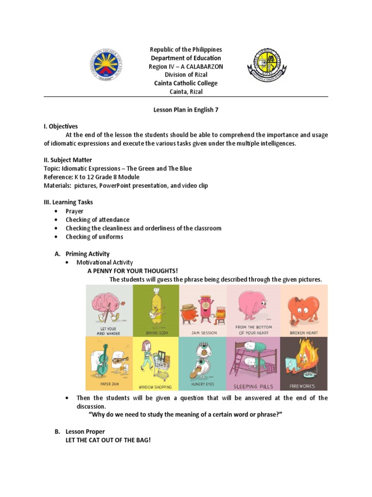 Idiomatic Expressions Lesson Plan for Grade 7 | PDF | Idiom | Cognitive ...