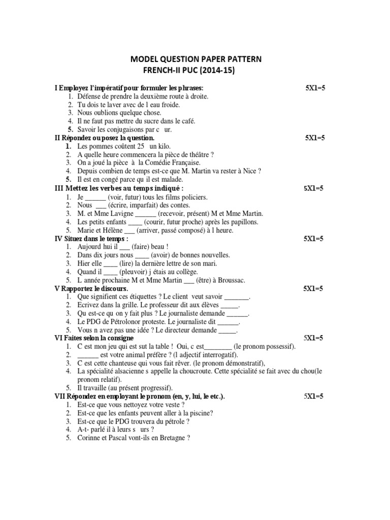 2nd PUC FRENCH MODEL QUESTION PAPER PATTERN PDF | PDF | Pronom ...