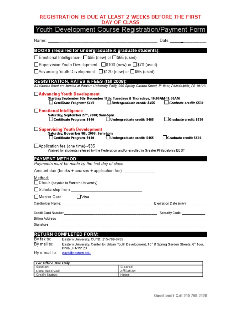 Youth Development Course Registration Form | PDF | Credit Card ...