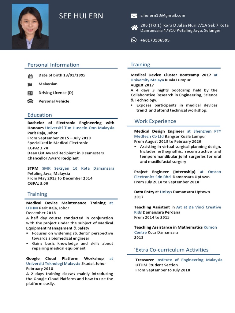 Seeking a Medical Device Design Engineer Position Resume of Hui Ern