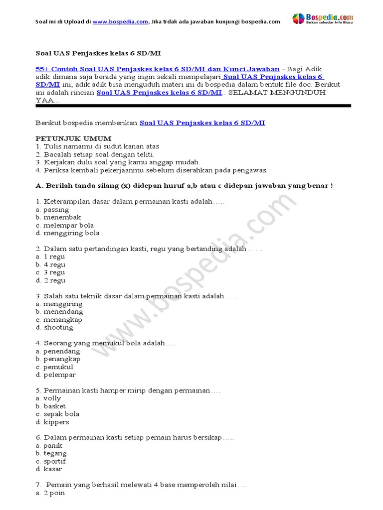 55 Contoh Soal Uas Penjaskes Kelas 6 Sd Mi Dan Kunci Jawaban Docx