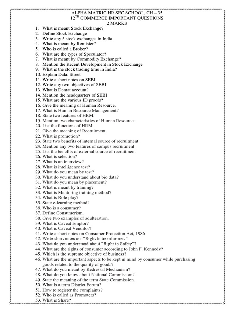 12th Commerce Important Questions PDF | PDF | Human Resource Management ...