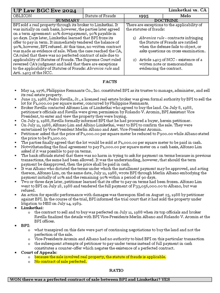 Limketkai vs. CA Ruling on Statute of Frauds Exceptions PDF