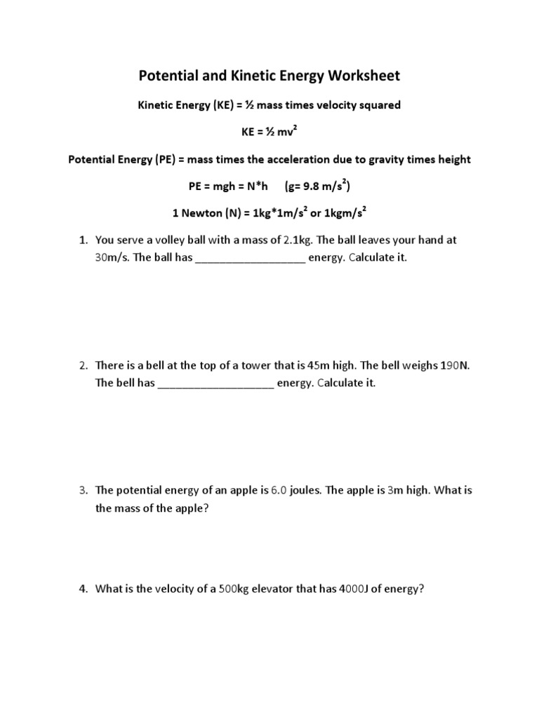 Potential And Kinetic Energy Worksheet