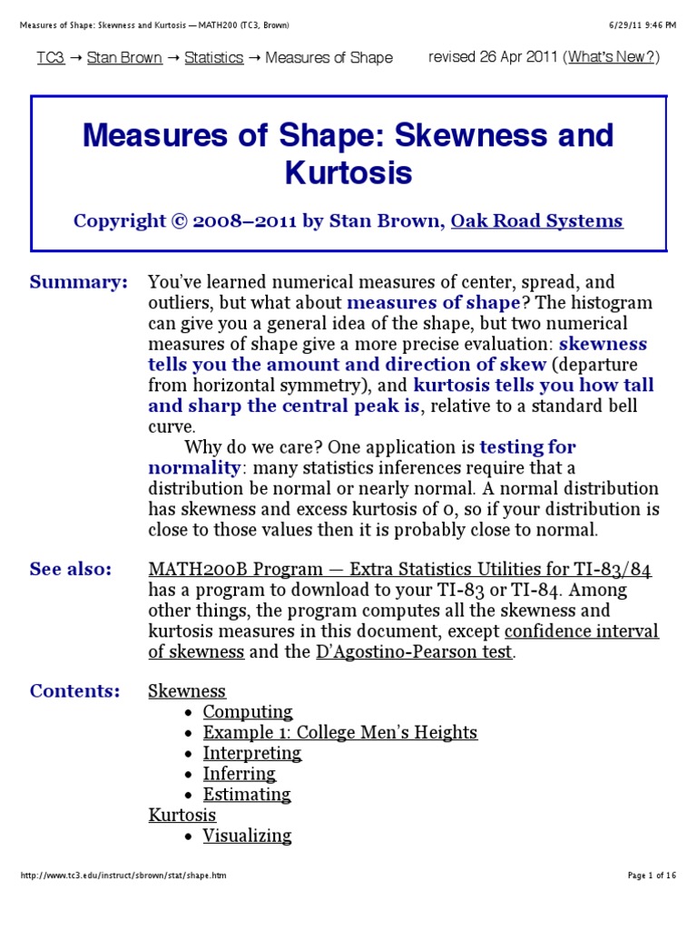 Skewness and Kurtosis PDF | PDF | Skewness | Descriptive Statistics