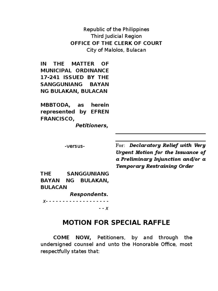 Motion For Special Raffle | PDF | Injunction | Courts