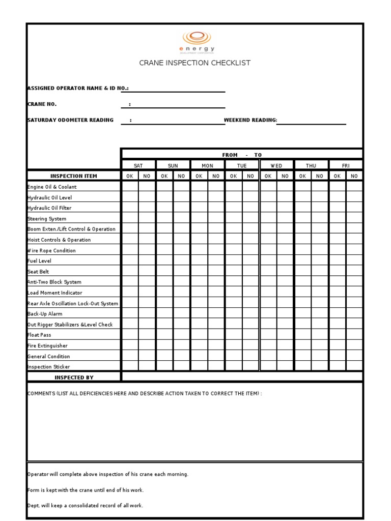 Printable Crane Inspection Checklist