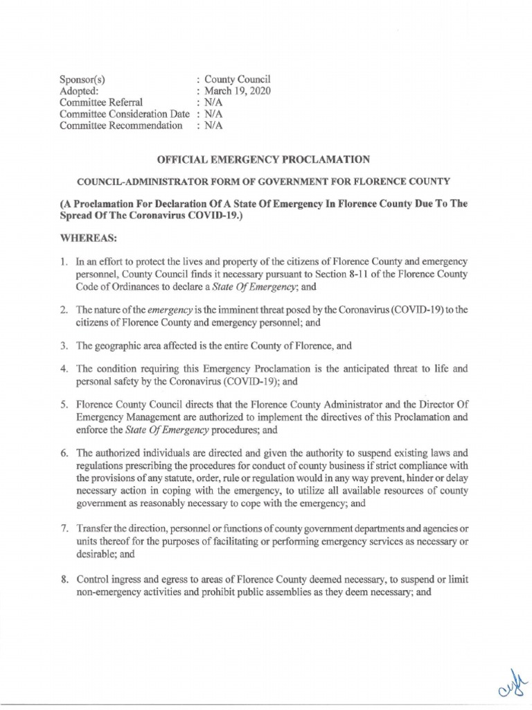 Florence County State of Emergency Proclamation PDF