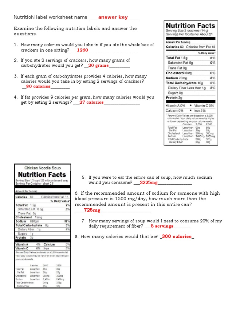 Label Reading Worksheet 10 TO POST ANSWERS  PDF  Calorie With Regard To Nutrition Label Worksheet Answer Key