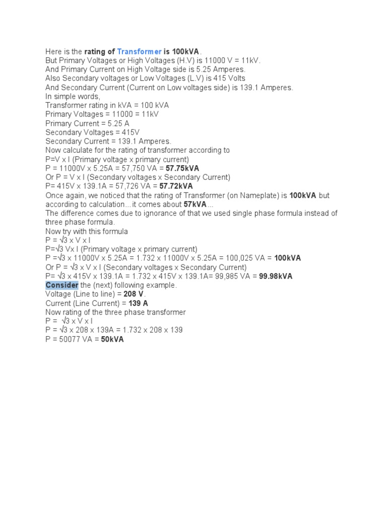 100kVA Transformer Current Calculations | PDF
