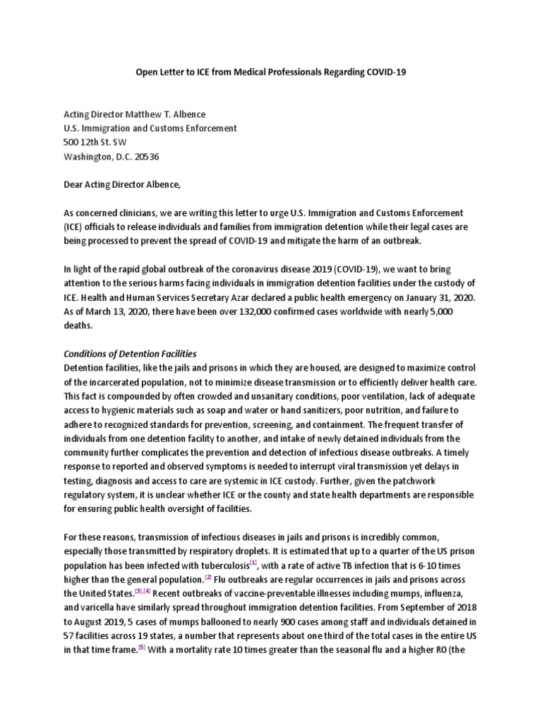 Open Letter to ICE From Medical Professionals Re COVID19