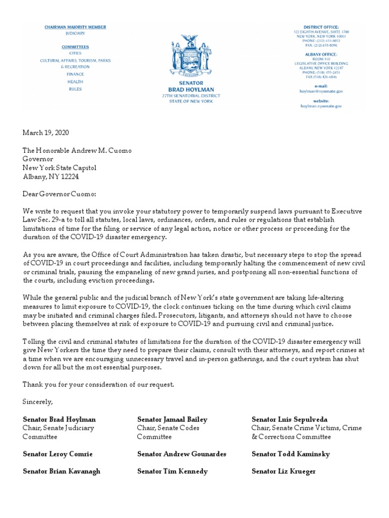 Senators' Letter To Toll Statutes of Limitations PDF