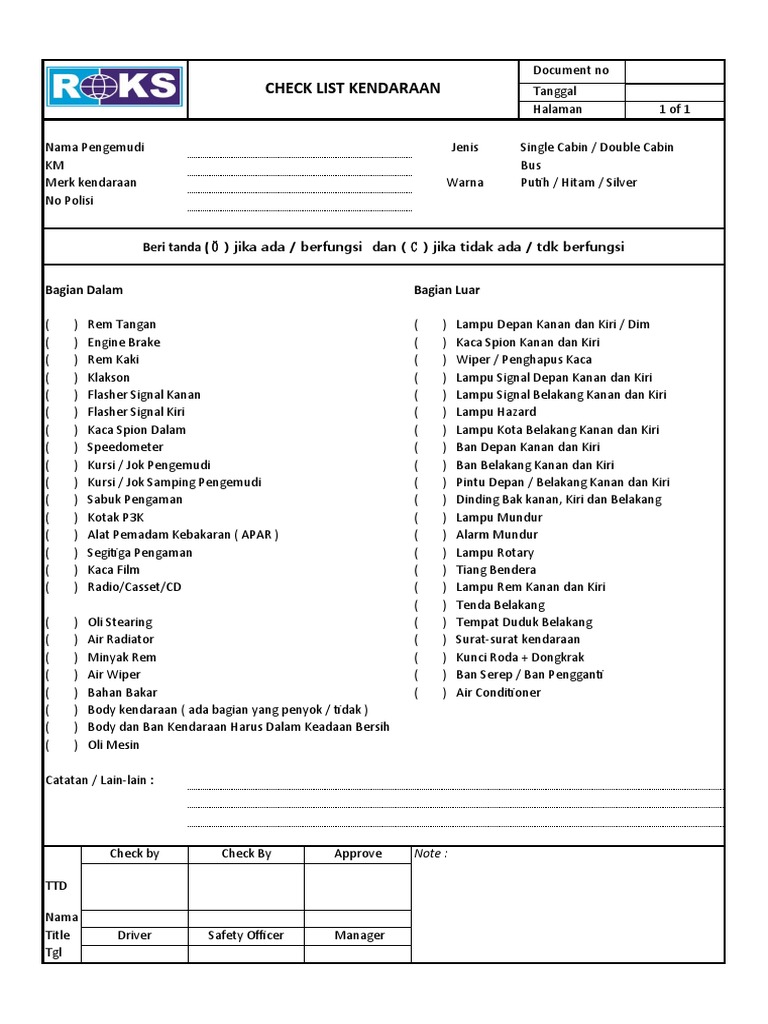 Form Checklist Kendaraan Operasional | PDF