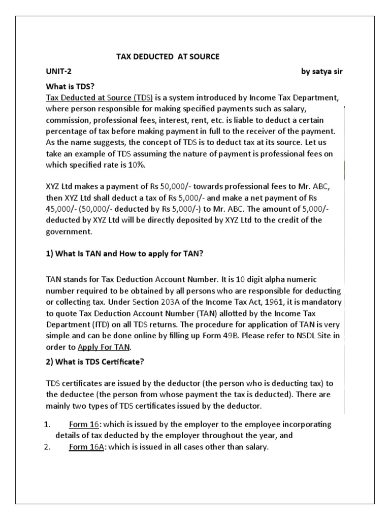 Tax Deducted at Source Unit PDF Tax Refund Tax Deduction