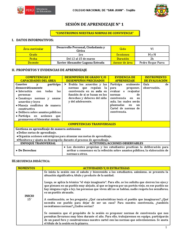 Normas de Convivencia en DPCC 1° Sec. | PDF | Aprendizaje | Conceptos ...