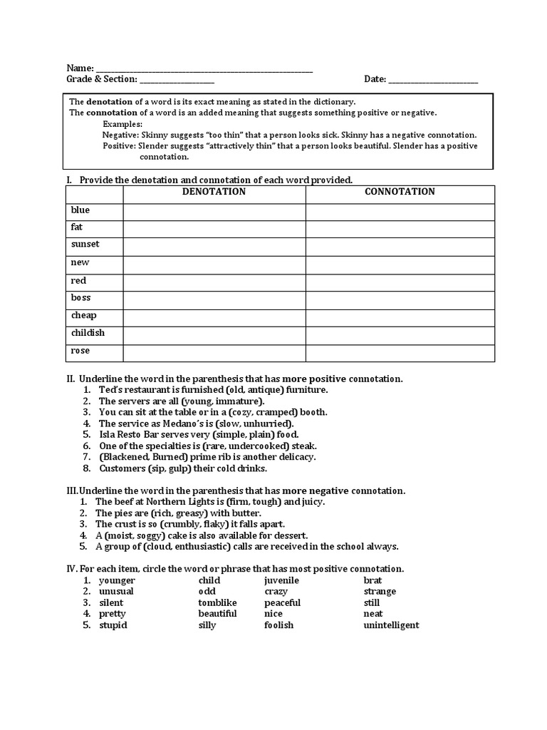 Connotation vs. Denotation Activity | PDF
