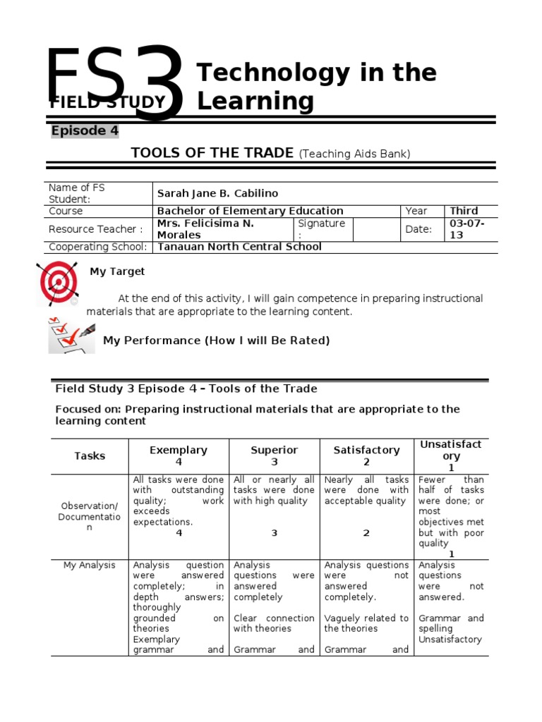 FIELD STUDY Episode 4 TOOLS OF THE TRADE PDF Teachers Learning