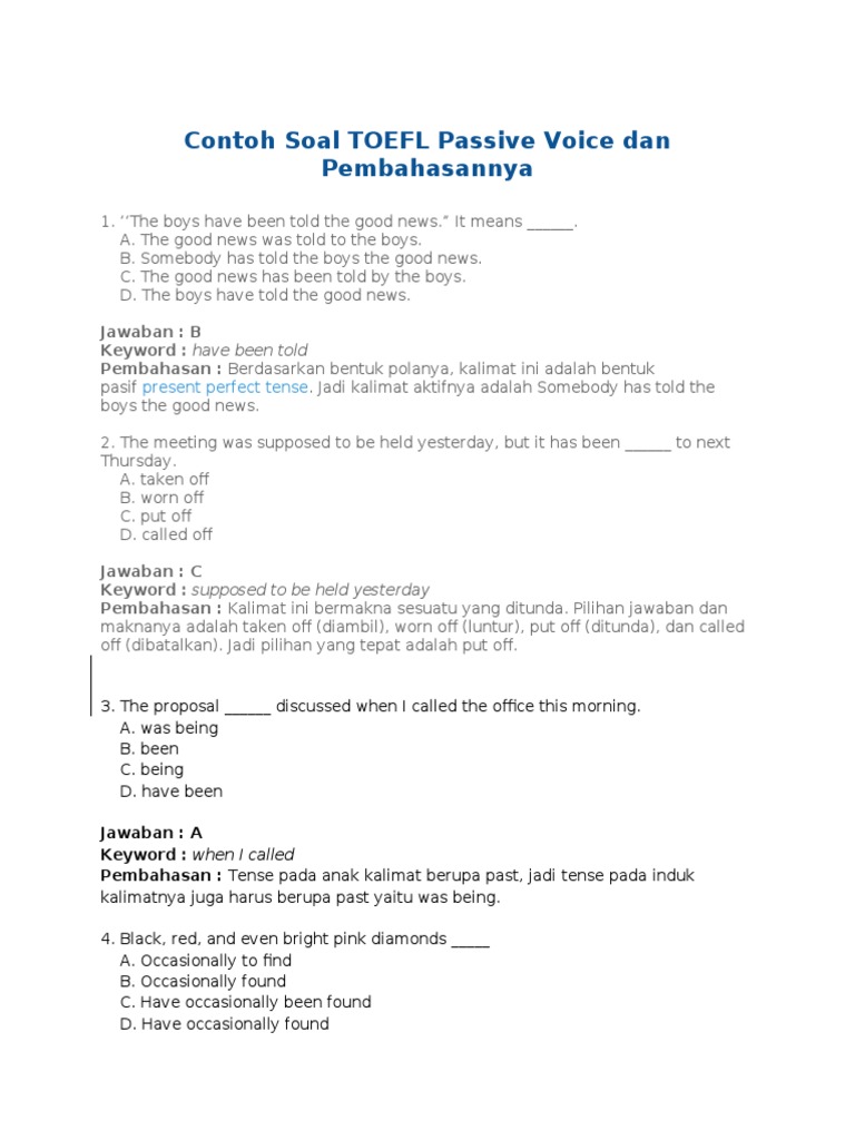 Contoh Soal Toefl Passive Voice Dan Pembahasannya Meal