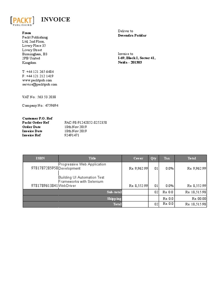 Packt Publishing Invoice Details | PDF