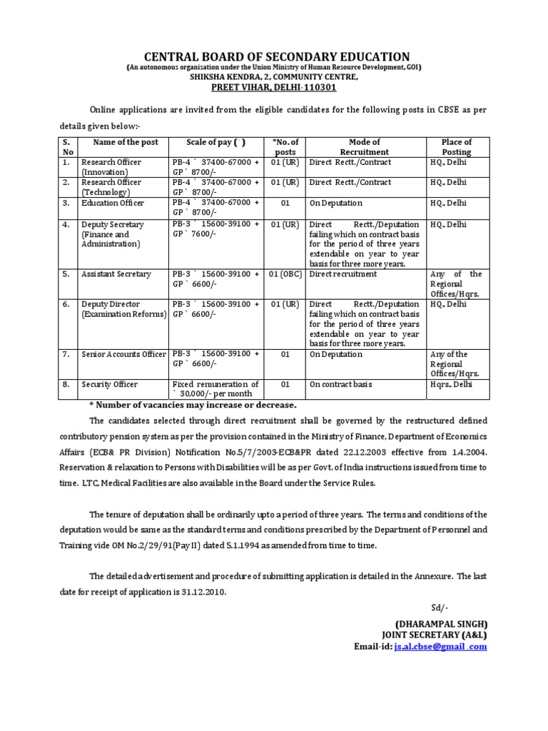 CBSE Recruitment for Multiple Positions | PDF | Academic Degree | Secretary