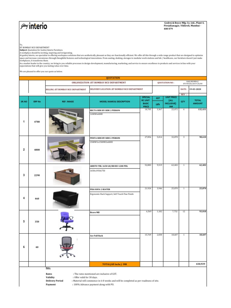 Godrej Interio Quote To Iit Bombay Hcu Department PDF Economies
