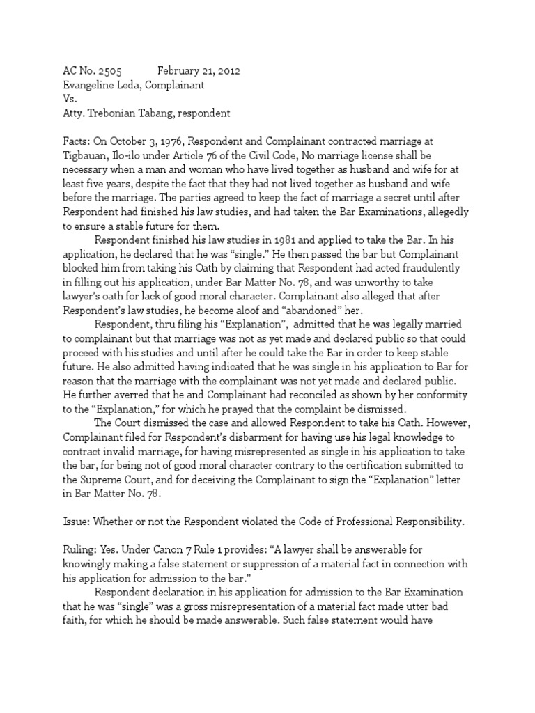 Leda vs. Tabang Download Free PDF Lawyer Misrepresentation